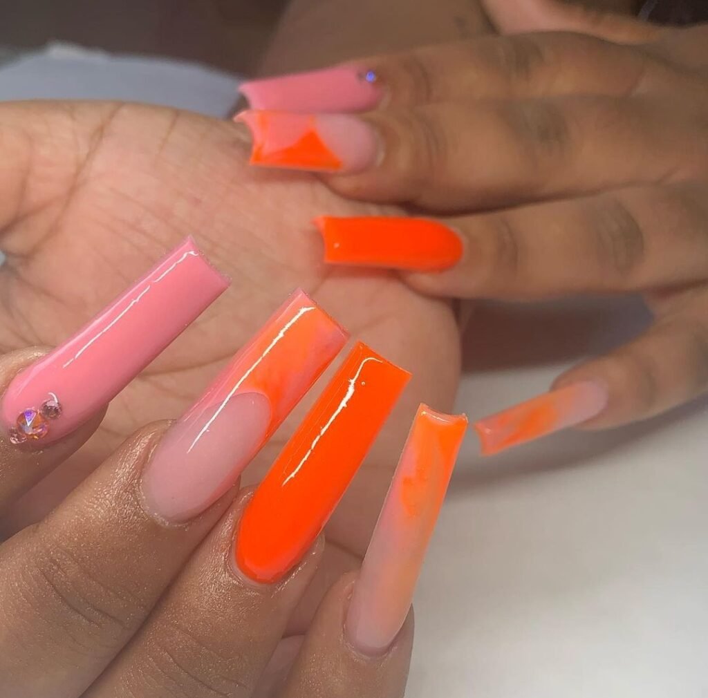Long Orange colour nails design ideas