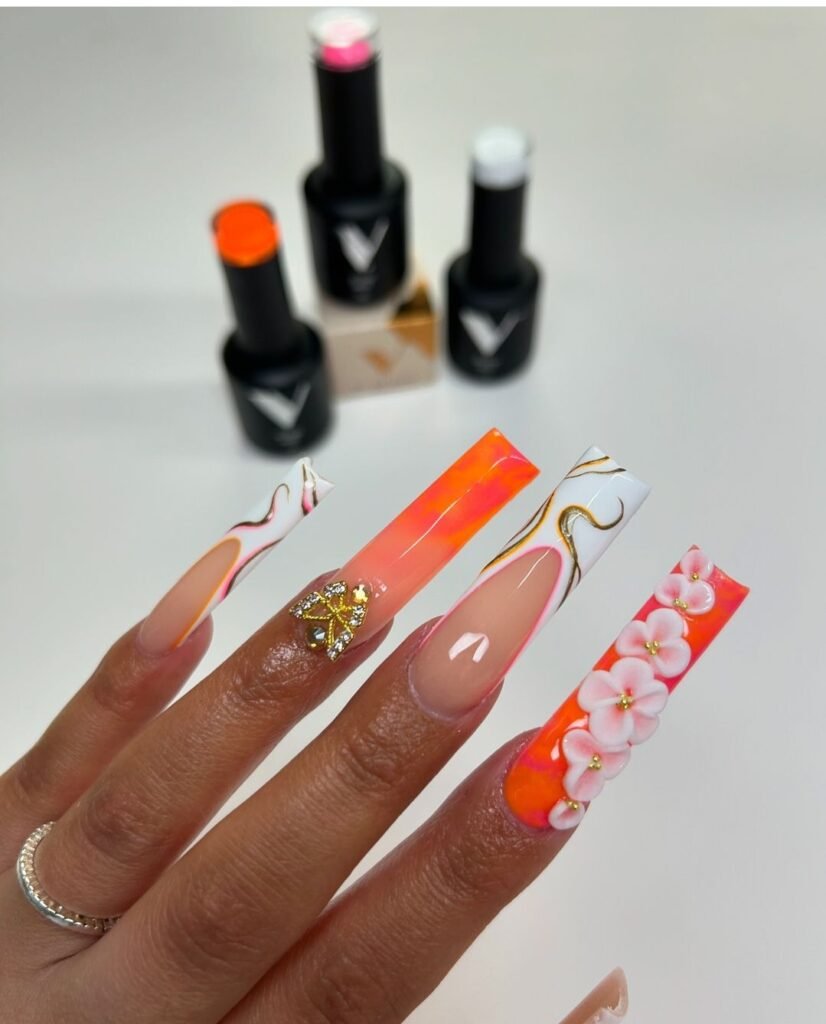 Long Orange nails design