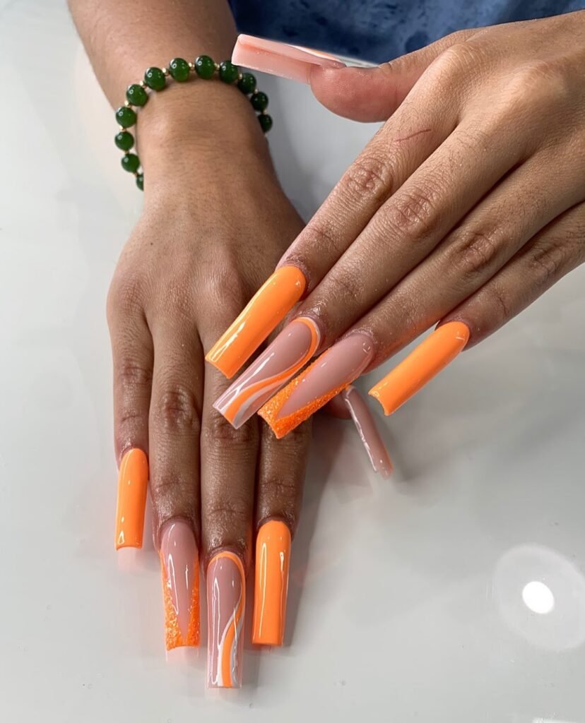 Orange color long nails design ideas