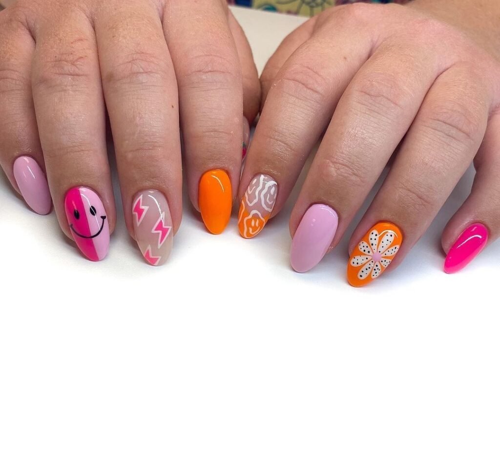 Short Orange color nails art designs